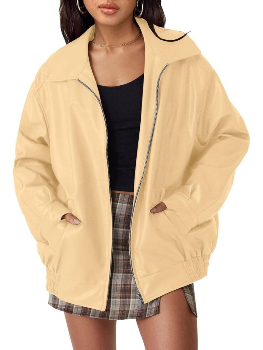 Women's Khaki Oversized Styling Faux Leather Jacket for Fall and Winter Jackets